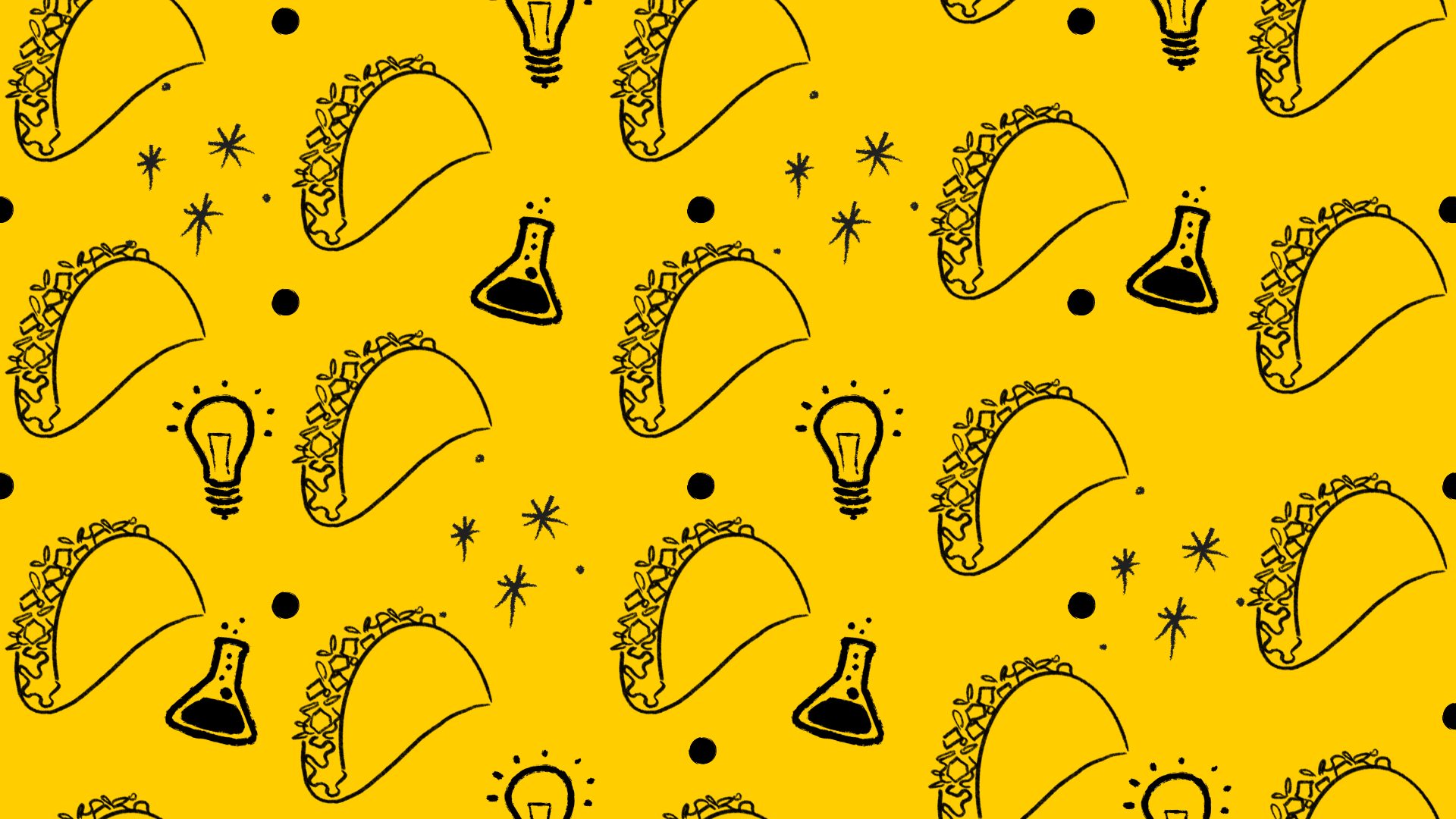 Mix of tacos, lightbulbs, and beakers on a yellow background.