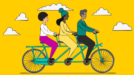 Illustration of three people of different races, genders, and backgrounds riding on a tandem bicycle, representing team effectiveness
